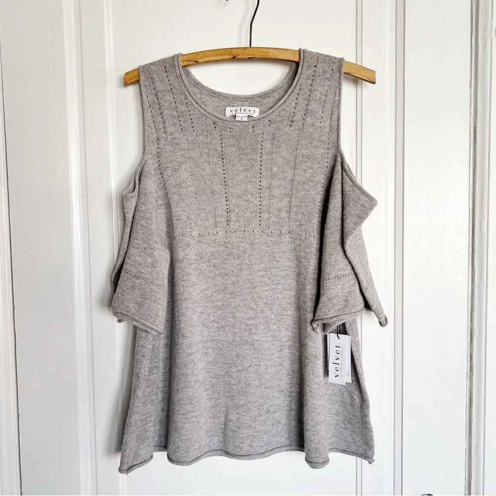 Velvet • Wool Blend Cold Shoulder Sweater heather grey cashmere knit pullover - Picture 2 of 12